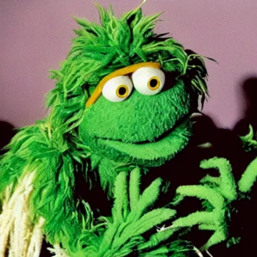 Prompt: “ a still of weed monster muppet from a violent muppet show from 1 9 8 0 ”
