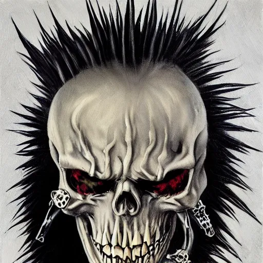 Image similar to a portrait of the grim reaper as a punk rocker playing an electric guitar, punk, skeleton face, mohawk, dark, fantasy, leather jackets, spiked collarsand wristbands, piercings, boots, ultrafine detailed oil on canvas painting by frank frazetta and vito acconci and and takeshi obata, death note style, symetric body, sharp focus