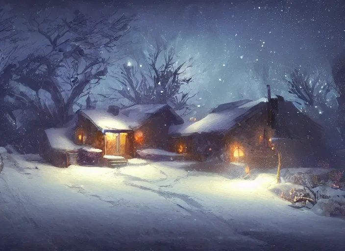 Image similar to snow - covered small house, night, stars in the sky, the milky way in the sky, winter landscape, painting by craig mullins, octane rendering, wide angle lens, in the style of hayao miyazaki, trending on artstation,