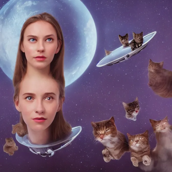 Image similar to the face of a beautiful girl from the future, surrounded by cats, flies in a spaceship, detailed, concept matte painting