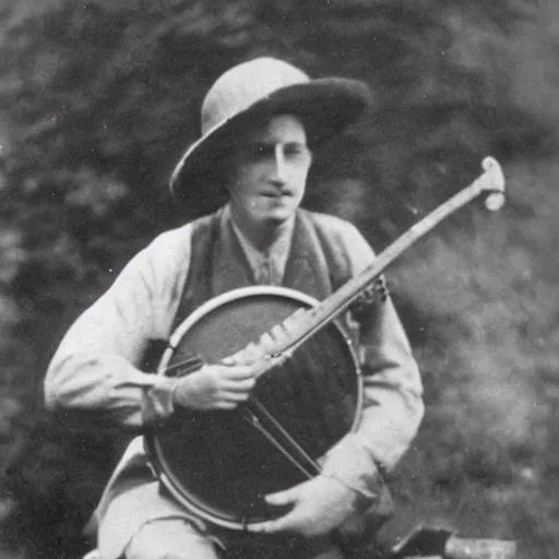 Prompt: Kodak photograph of a fox playing banjo, circa 1912