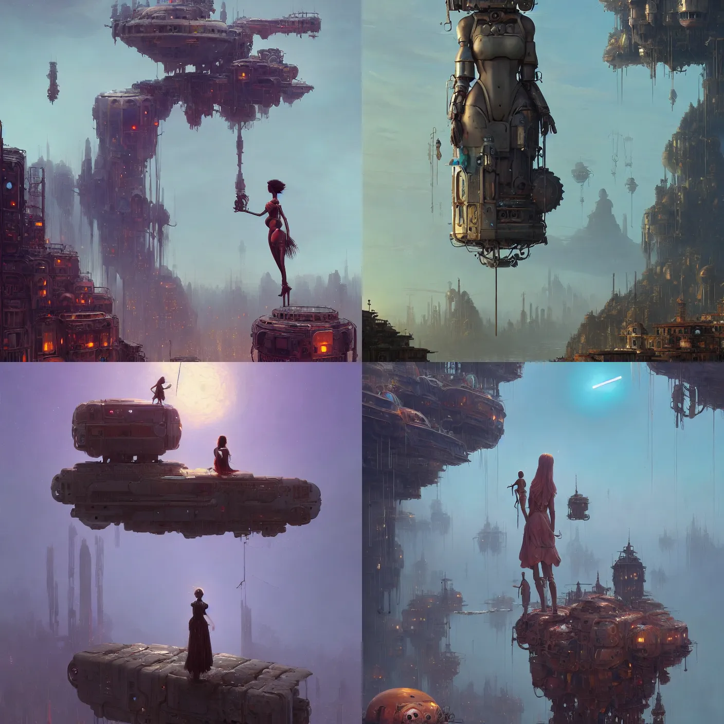 Prompt: detailed, sharp, concept art of a dreaming humanoid female automata floating above a dystopia by James Gurney, by Simon Stalenhag, by Greg Rutkowski, digital art, surreal, trending on artstation, HD, 8K, highly detailed, good lighting. beautiful. epic.
