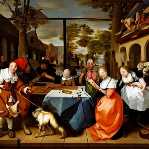 Image similar to a painting of a group of people and a dog, a flemish baroque by jan steen, trending on flickr, pre - raphaelitism, dutch golden age, flemish baroque, rococo