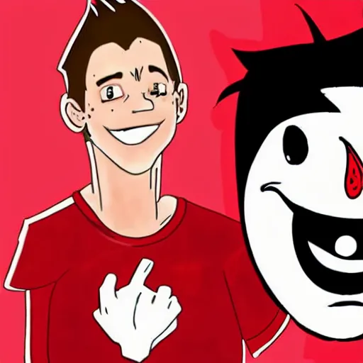 Image similar to a male cartoon teen in red with blood and an evil grin with injuries wearing white shirt on a burning background and short hair