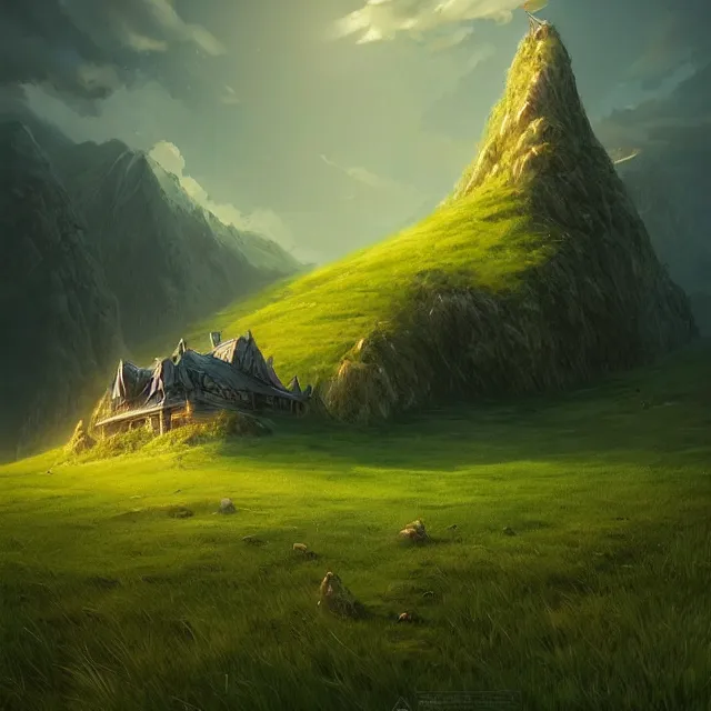 Prompt: epic professional digital art of a building over a grass small mountain, best on artstation, cgsociety, wlop, Behance, pixiv, astonishing, impressive, outstanding, epic, cinematic, stunning, gorgeous, much detail, much wow, masterpiece.