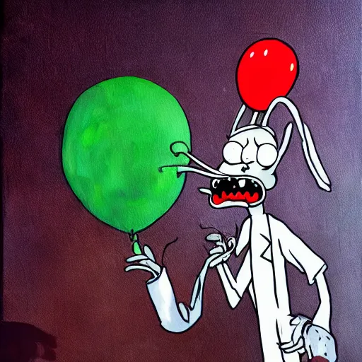 Image similar to grunge painting of bugs bunny with a wide smile and a red balloon rick and morty style, creepy lighting, horror theme, detailed, elegant, intricate, conceptual