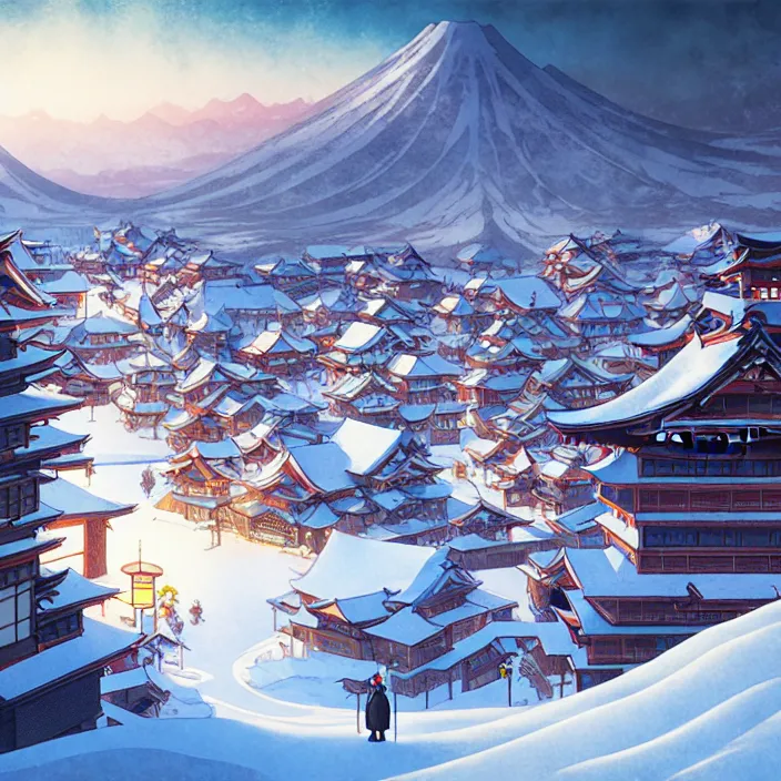 Image similar to empty japanese mountain city, winter, in the style of studio ghibli, j. c. leyendecker, greg rutkowski, artem