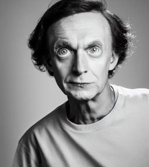 Image similar to professional photograph of a portrait of Morty Smith from Rick and Morty, black and white, studio lighting