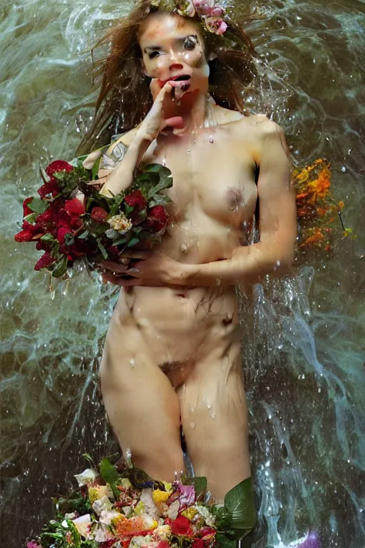 Image similar to portrait pitbull mr. worldwide holding a bouquet of flowing flowers, drenched body, wet dripping, hands hidden under the bouquet, emerging from the water, fantasy, regal, intricate, by stanley artgerm lau, greg rutkowski, thomas kindkade, alphonse mucha, loish, norman rockwell