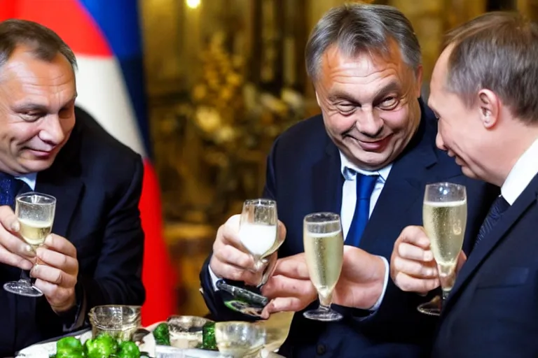 Prompt: viktor orban drinking champagne with putin