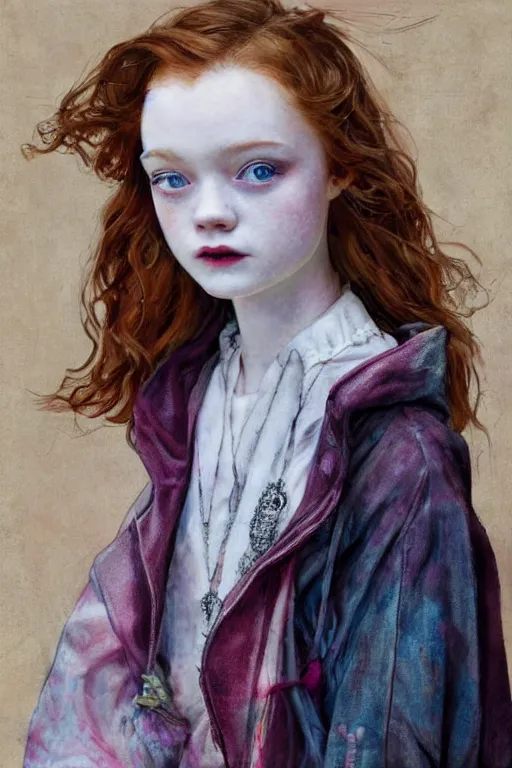 Image similar to sadie sink in a hoodie, 1 9 2 0 s fashion, fantasy, art by ayami kojima, vasnetsov, cedric peyravernay