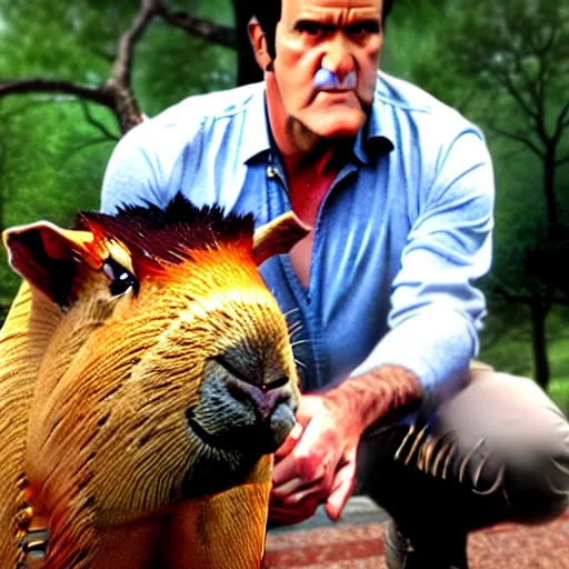 Prompt: Bruce Campbell as Ash from Evil Dead, with a capybara