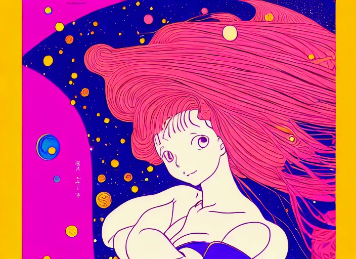 Prompt: portrait of a young girl dancing in space,Hiroyuki Imaishi,Studio Trigger,jean giraud,gustav klimt, kawaii, manga, bright colors,beautiful, 28mm lens,gradation, jean giraud, moebius, fantasy, rule of thirds fibonacci, intricate, matte print, smooth, Ilya Kuvshinov, Kyoto Animation, Murata Range