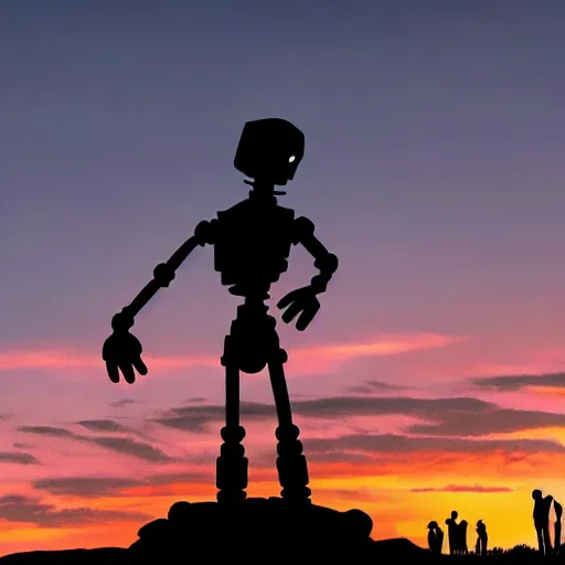 Image similar to memorial statue for the iron giant surrounded by people at sun set, 4 k, realism, metal iron giant statue