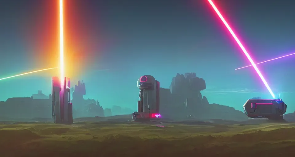 Prompt: Low orbital laser cannon shooting a neon beam down on the landscape, neon laser cannon, cinematic, rendered by simon stålenhag, rendered by Beeple, Makoto Shinkai, syd meade, star wars, inspired by Gundam, environment concept, digital art, unreal engine, 3 point perspective, WLOP, trending on artstation, low level, 4K UHD image, octane render,