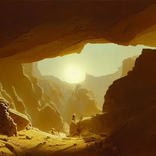 Prompt: an oil painting of a cracked and dry canyon on an alien planet with the sun breaking through clouds by carl spitzweg and tuomas korpi