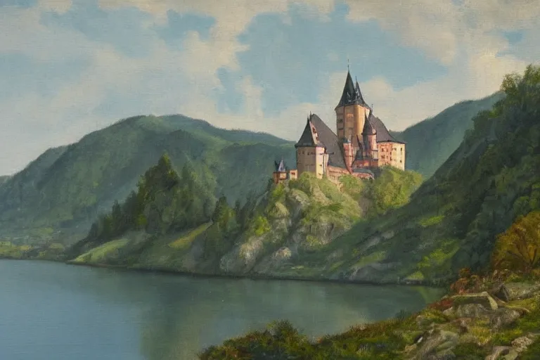 Image similar to a painting of a german castle on the cliff