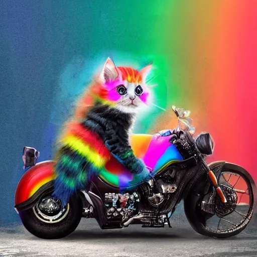 Image similar to wide angle full body, jacket wearing fluffy cute rainbow kitten wearing a black leather motorcycle jacket, riding on a motorcycle, cinematic concept art