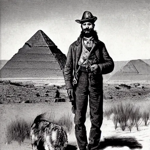 Prompt: 19th century scruffy american trapper, standing next to desert oasis, sphinx in distance, pulp science fiction illustration