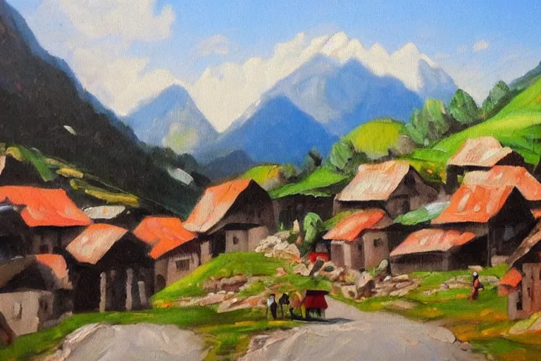 Image similar to beautiful mountain village, oil painting, oil in canvas, brushstrokes