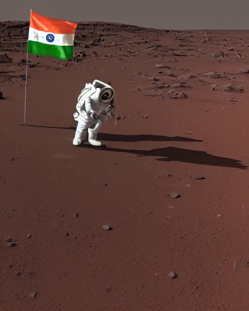 Image similar to An Indian astronaut planting the Indian flag on the surface of Mars, 3d render, digital art