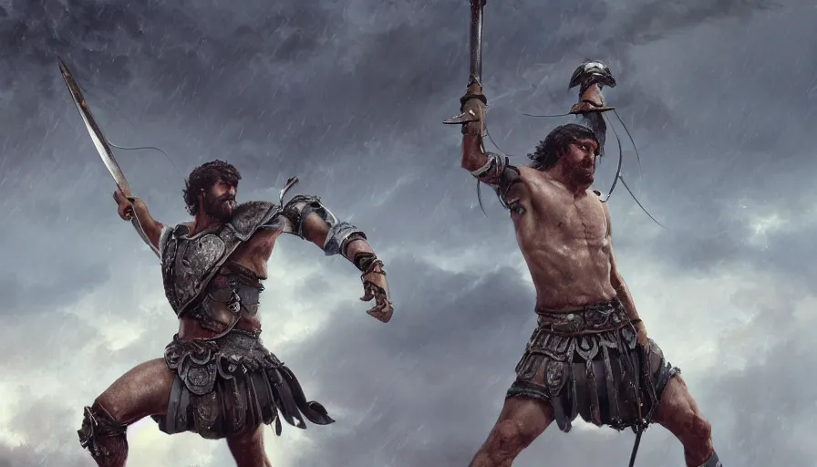 Image similar to Roman Gladiator raising his sword to the sky during a storm, hyperdetailed, artstation, cgsociety, 8k