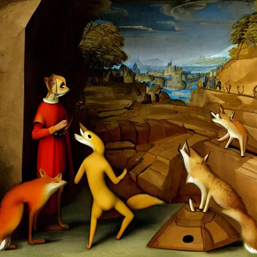 Image similar to an anthropomorphic Fox explores a Dungeon, Renaissance Painting