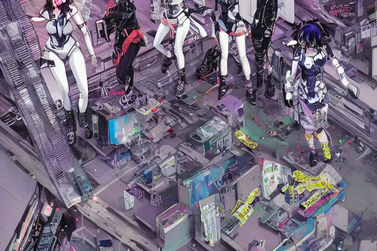 Prompt: a cyberpunk illustration of a group of four super-coherent female androids dressed in seifuku in style of masamune shirow, lying scattered across an empty, white floor with their bodies rotated in different poses and cables and wires coming out, by yukito kishiro and katsuhiro otomo, hyper-detailed, intricate, view from above, colorful