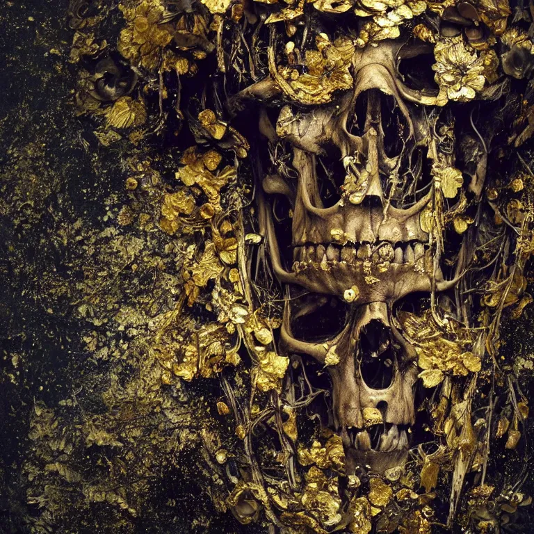 Image similar to A beautiful oil painting hyperrealism of a decayed black skeleton head, rotting black clay skin, bones, close up, gold flowers, gold floral headdress, 8k resolution, octane render, Trending on artstation, by Gediminas Pranckevicius, volumetric light 2blue fractal Thunder glow by dan mumford, anaglyph effect, Laurie Lipton