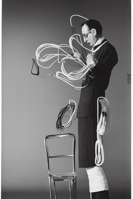 Image similar to a minimalist portrait of Marcel Duchamp holding computer cables in the style of Annie Leibovitz, Irving Penn, Hito Steyerl, Shinya Tsukamoto, Saâdane Afif, Alfredo Jaar line drawing and 35mm film, wide angle, monochrome, futuristic tetsuo