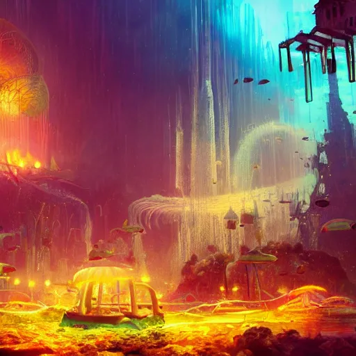 Prompt: a fantasy atlantis city underwater, desolated, fluorescent jellyfish, electricity lightning, furry, soft, concept art, sharp focus, intricate details, highly detailed, photorealistic, disney pixar, octane render, iridescent, anime, big field of view, 8 k