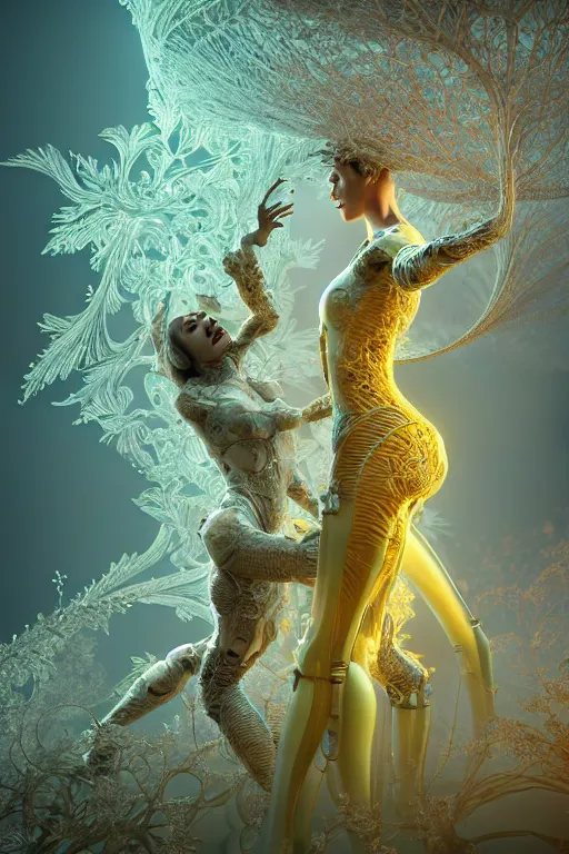 Image similar to intricate hyper detailed ultra sharp 3 d render, unity of mood, biomechanical cyborg ladies dancing, atmospheric, foliage, white large pore fungi, cyberpunk art nouveau, haute couture alexander mcqueen leaves stems colorful dahlias blooming transparent fractal filigree roots, intricate details, octane render, volumetric cinematic lighting, natural beautiful light, yellow infrared, lumiol, 8 k,