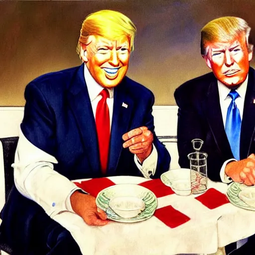 Image similar to joe biden and donald trump having dinner in a 1 9 5 0 s diner. highly detailed painting by norman rockwell 8 k