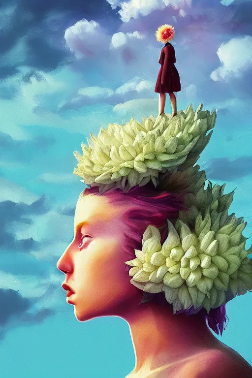 Image similar to closeup giant dahlia flower as head, girl standing on mountain, surreal photography, blue storm clouds, dramatic light, impressionist painting, digital painting, artstation, simon stalenhag