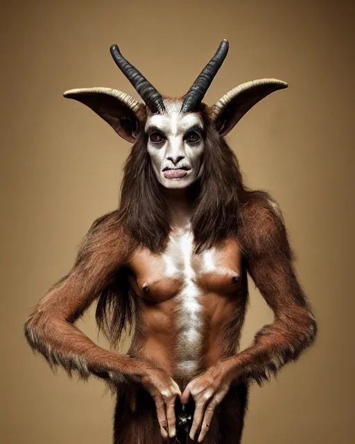 Image similar to Juliana Awada in Elaborate Pan Satyr Goat Man Makeup and prosthetics designed by Rick Baker, Hyperreal, Head Shots Photographed in the Style of Annie Leibovitz, Studio Lighting