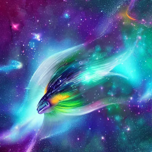 Image similar to spirit fish flying in the cosmos, beautiful nebulas, swirling cosmic clouds, galaxies, stars, 4 k, 8 k, ultra detailed, digital illustration