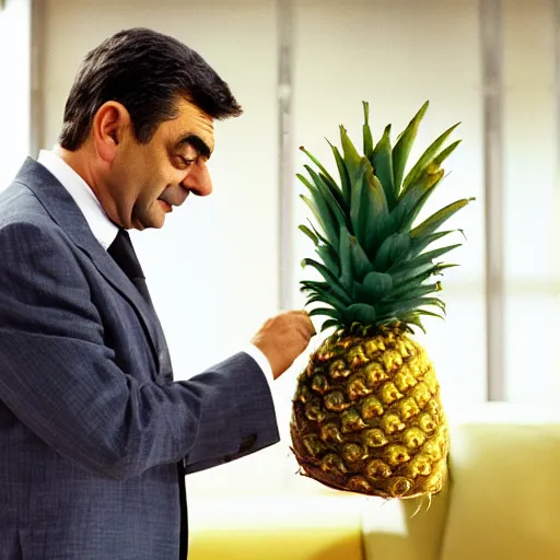 Image similar to rowan atkinson as mr. beans stealing a pineapple from target store, johnny english, focused face, realistic photo, uhd