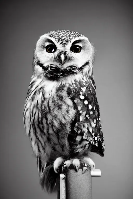 Image similar to cute little owl wearing black biker jacket, portrait photo, backlit, studio photo, dark plasma background