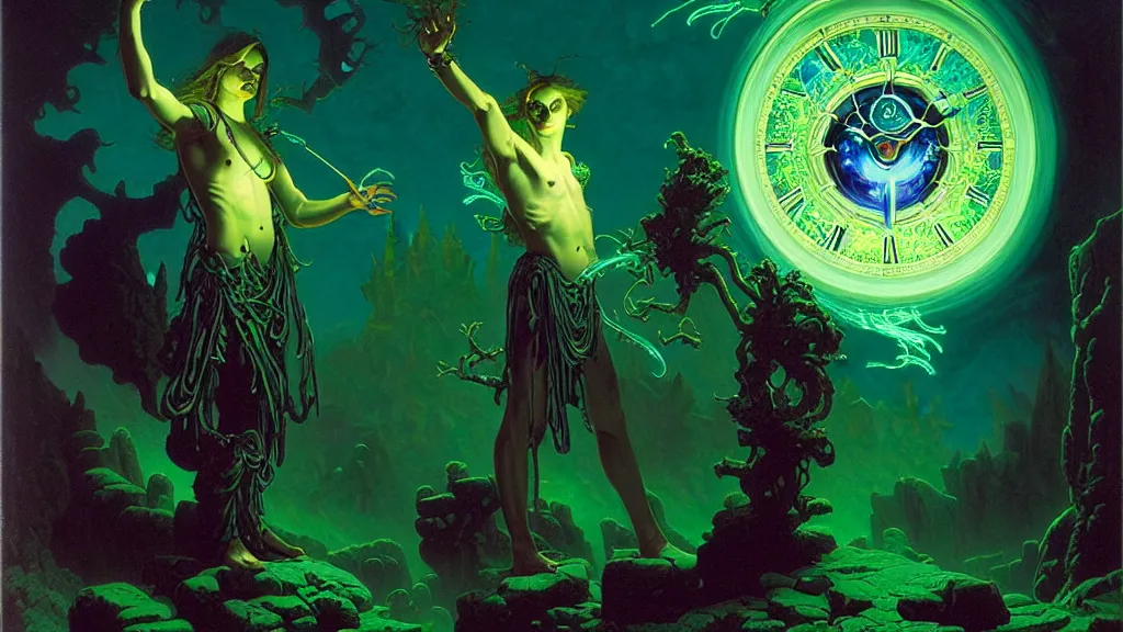 Image similar to the arcane watchmaker by albert bierstadt and gerald brom and dan mumford, floating metallic objects, blue flames, low light, glowing green crystals