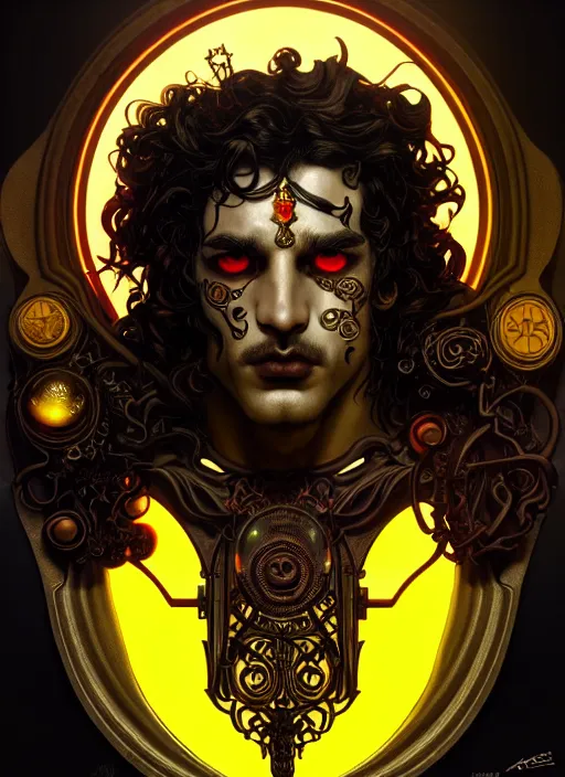 Prompt: portrait of greek god ares, black curly hair, glowing eyes, volumetric lights, yellow red scheme, art nouveau botanicals, gothic, intricate, highly detailed, digital painting, artstation, concept art, smooth, sharp focus, symmetric face, illustration, steampunk, art by artgerm and greg rutkowski and alphonse mucha