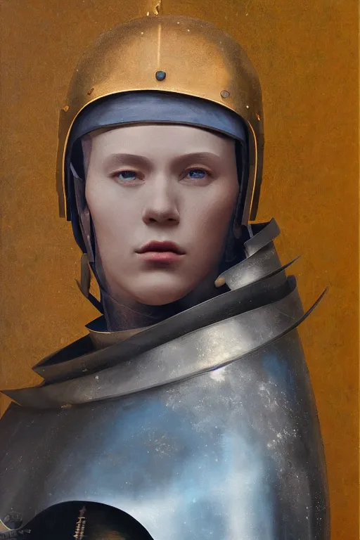 Image similar to hyperrealism oil painting, close - up portrait of caucasian medieval fashion model, knight, steel gradient mixed with nebula sky, in style of baroque mixed with 7 0 s japan book art