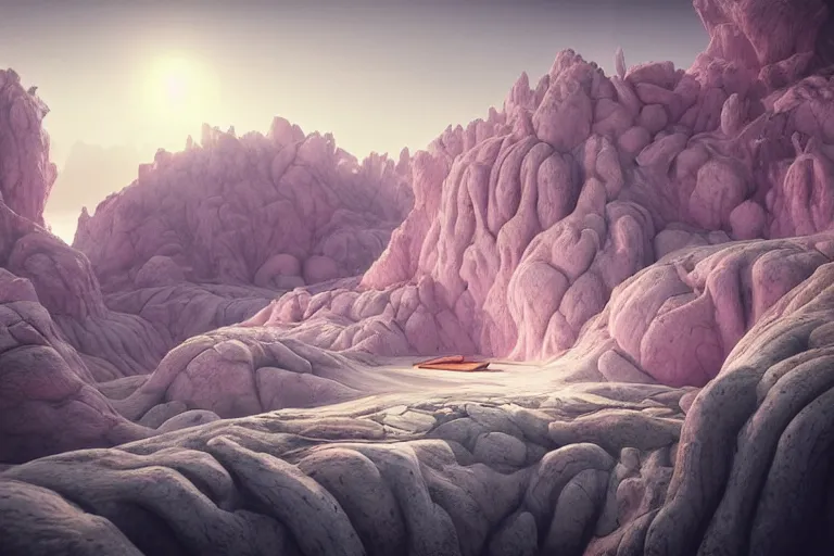 Prompt: pink desert, a broken white marble octane render detailed unreal engine 5 surrealism by leon tukker and jacek yerka