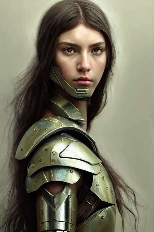 Image similar to a photorealistic painting of an attractive young girl, partially clothed in metal-plated battle armor, olive skin, long dark hair, beautiful bone structure, symmetrical face, perfect eyes, intricate, elegant, digital painting, concept art, illustration, sharp focus, minimal artifacts, from Metal Gear, in the style of Ruan Jia and Mandy Jurgens, by Greg Rutkowski, trending on Artstation, award winning