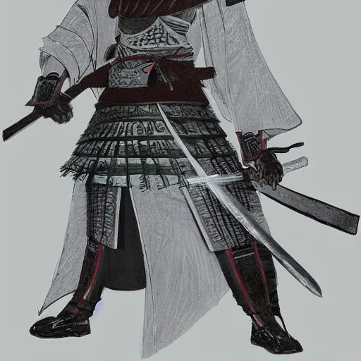 Image similar to a !beautiful White cloaked Samurai Warrior with Sword Drawn by Mitsuru Adachi :: Concept Art