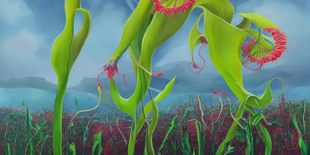 Prompt: surreal painting of a carnibora plant in a beautiful landscape