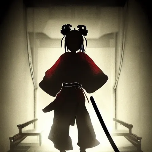 Prompt: a samurai girl with a sword fights with ghost kids with dark eyes from the down stairs in the school at the night, high detailed, dark atmosphere, unreal engine, japanese anime, horror