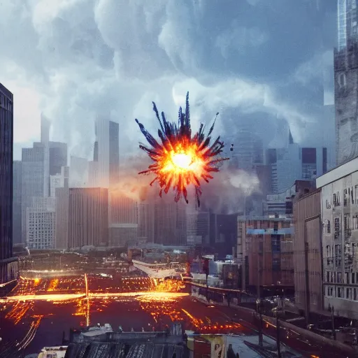 Image similar to centered action photography shot of extremely detailed hyper realistic thermonuclear bomb explosion in a city, professional film photography, 8 k, cinematic framing, cinematic lighting