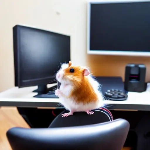 Image similar to hamster sitting on gaming chair in front of monitor.
