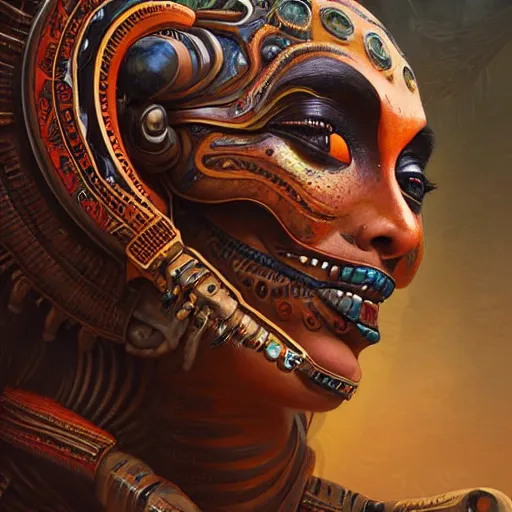 Image similar to An Alien Robot Mayan Ruler, facial tattoos, artists portrait, biomechanical, wild jungle, fantasy, highly detailed, digital painting, concept art, sharp focus, depth of field blur, illustration, art by artgerm and greg rutkowski and alphonse mucha