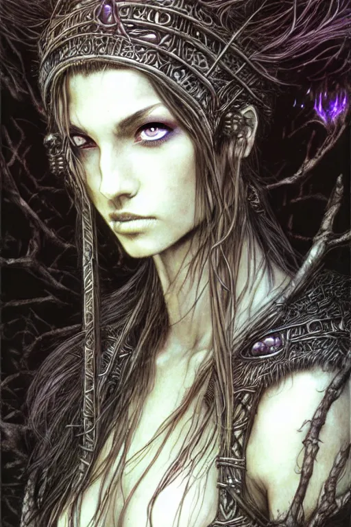 Prompt: head and shoulders portrait of a druid, female, high fantasy, dnd, by matt dixon and luis royo